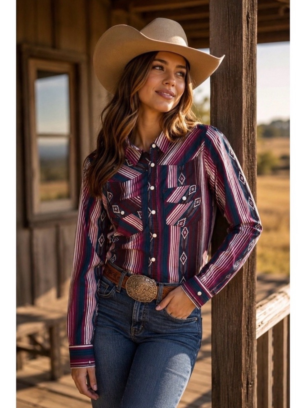 Striped Southwestern Button-Front Shirt in Pink & Navy